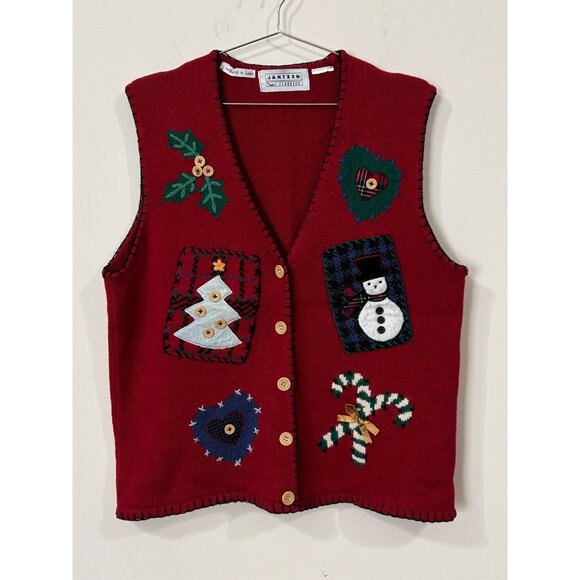 VTG JANTZEN Christmas Sweater Vest Women’s Red Holiday Snowman Tree Embroidered - Picture 1 of 7